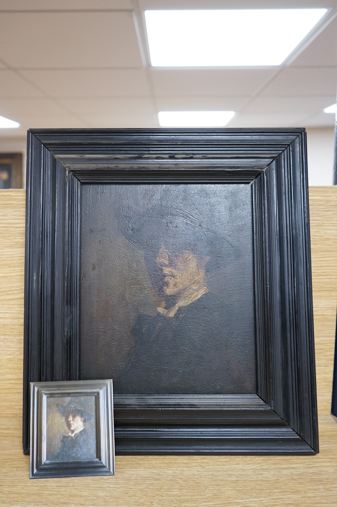 Continental School, early 20th century, Head and shoulders portrait of a gentleman wearing a hat, oil on canvas, 27 x 22cm, housed in an ebonised frame